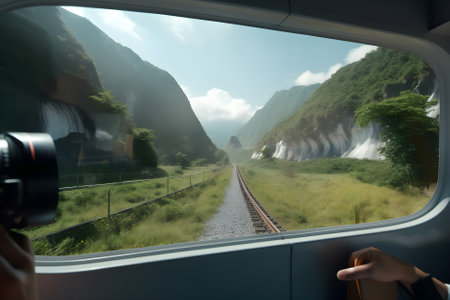 Scenic landscape view from the window of modern train. Travel and coach tourism concept. Trip and journey by train. AI generatedの素材