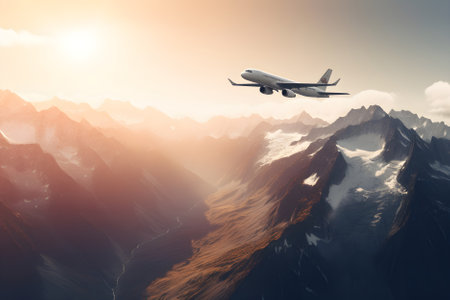 Commercial airplane flying above scenic landscape in beautiful sunset light. Traveling concept design banner. AI generatedの素材