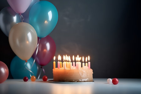 Birthday cake with candles and balloons in background. AI generatedの素材