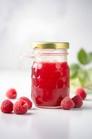 Homemade raspberry preserves or jam in a glass jar surrounded by fresh organic raspberries. AI generatedの素材
