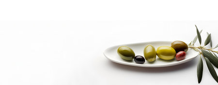 Delicious black, green and red olives with leaves in a bowl, isolated on white background with copy space. AI generatedの素材