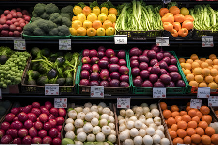 Fruit market with various colorful fresh fruits and vegetables. Generative AI contentの素材