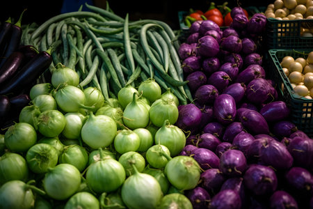 Fruit market with various colorful fresh fruits and vegetables. Generative AI contentの素材