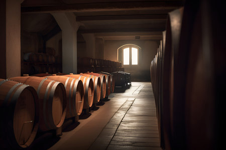 Wooden barrels in cellar of winery. AI generated.の素材