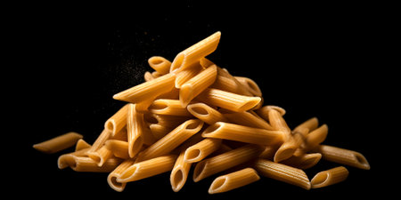 Raw paste penne isolated on black background. AI generatedの素材