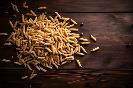 Raw paste penne on dark wooden background. AI generatedの素材
