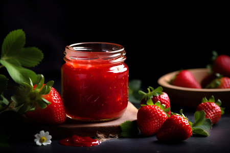 Homemade strawberry preserves or jam in a glass jar surrounded by fresh organic strawberries. AI generatedの素材