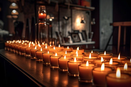 Many burning candles with shallow depth of field. AI generated.の素材