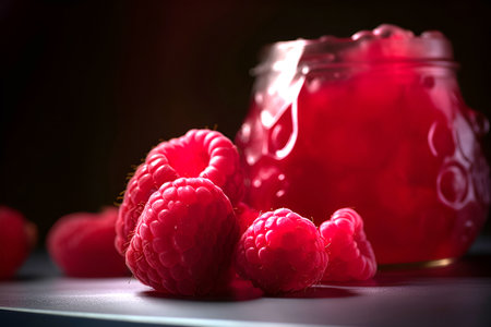Homemade raspberry preserves or jam in a glass jar surrounded by fresh organic raspberries. AI generatedの素材