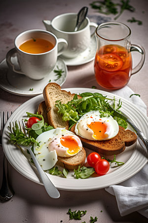 Traditional breakfast with fried eggs, toast and salad on the plate. AI generatedの素材