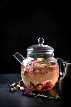 Herbal tea with flowers in glass teapot on dark background. AI generatedの素材