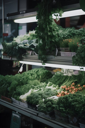 Fruit market with various fresh greenery and vegetables. Generative AI contentの素材