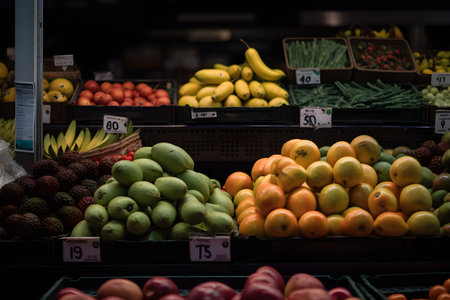 Fruit market with various colorful fresh fruits and vegetables. Generative AI contentの素材