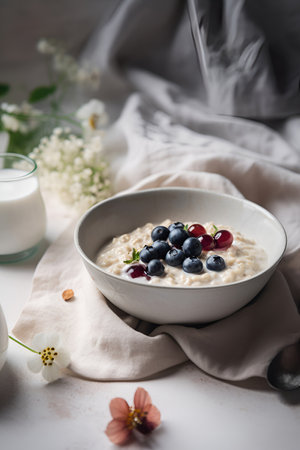 Traditional breakfast - oatmeal porridge with berries in white ceramic bowl in rustic background. Generative AI contentの素材