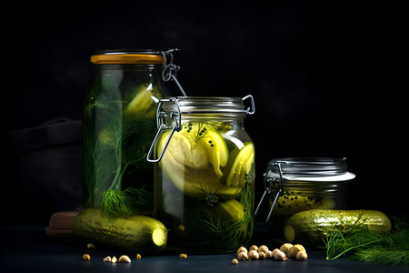 Pickles in glass jars with mustard seeds and dills on black background. Salted cucumbers in jars. AI generatedの素材