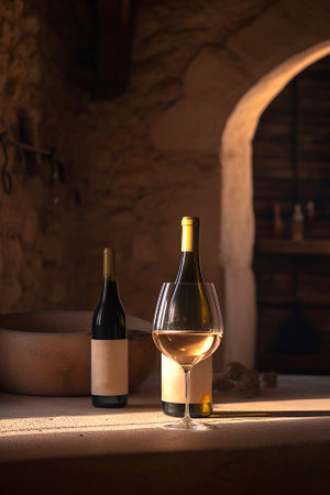 Bottle and glass of white wine on wooden table in cellar of winery.の素材