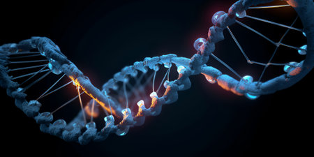 DNA molecule helix spiral on blue. Medical science, genetic biotechnology, chemistry biology, gene cell concept illustration or backgroundの素材