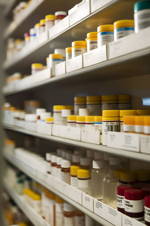 Pharmacy Interior. Modern pharmacy drugstore with shelves full of packages with medicine, pill drugs, boxes with vitamins and supplements, health care and beauty products.の素材