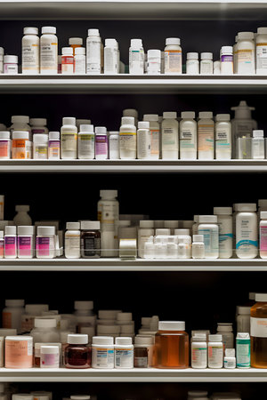 Pharmacy Interior. Modern pharmacy drugstore with shelves full of packages with medicine, pill drugs, boxes with vitamins and supplements, health care and beauty products.の素材