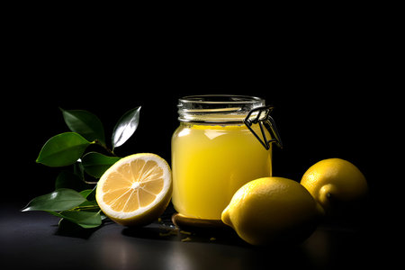 Homemade lemon preserves or jam in a glass jar surrounded by fresh lemons.の素材
