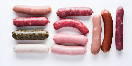 Assorted raw homemade sausages isolated on white background. Flat lay, top viewの素材