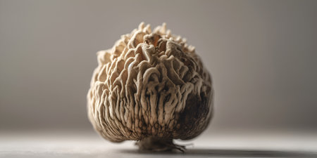 Strenge and unusual forest mushroom closeup on gray background.の素材