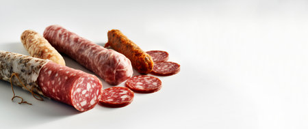 Assorted smoked sausages on white background with copy space.の素材