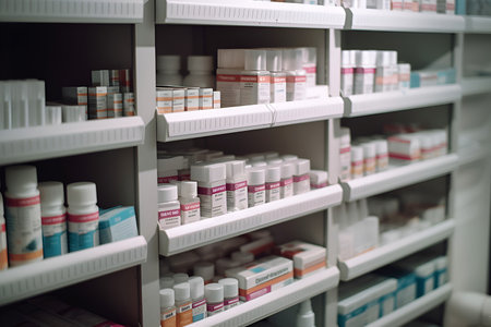 Pharmacy Interior. Modern pharmacy drugstore with shelves full of packages with medicine, pill drugs, boxes with vitamins and supplements, health care and beauty products.の素材