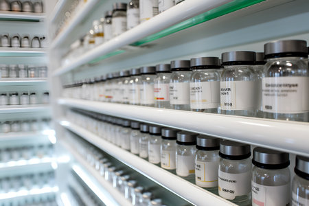 Pharmacy Interior. Modern pharmacy drugstore with shelves full of packages with medicine, pill drugs, boxes with vitamins and supplements, health care and beauty products.の素材