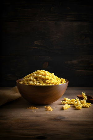Raw pasta fusilli in a bowl on dark wooden background.の素材