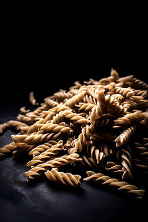 Raw pasta fusilli on black background.の素材