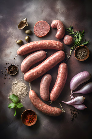 Assorted raw homemade sausages on dark background. Flat lay, top viewの素材