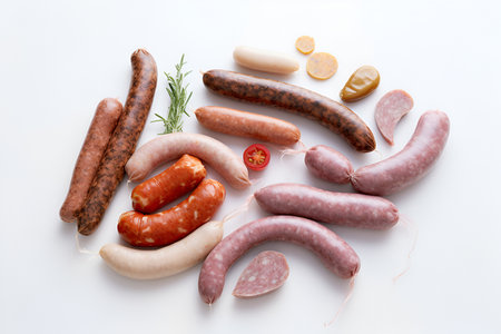 Assorted raw homemade sausages isolated on white background. Flat lay, top viewの素材