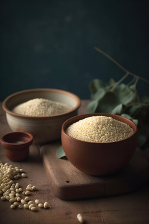 Raw dry millet. Millet uncooked grains in a bowl on a table. Healthy foodの素材