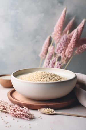 Raw dry millet. Millet uncooked grains in a bowl on a table. Healthy foodの素材