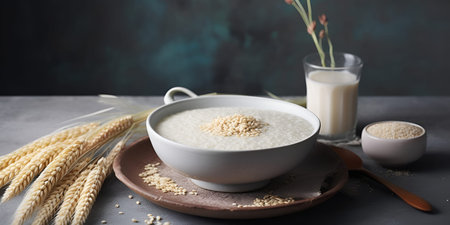 Millet porridge with milk  in a bowl on a table. Healthy foodの素材