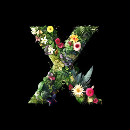 Letter X made of flowers and plants on black background. Flower font concept.の素材