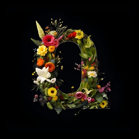 Letter Q made of flowers and plants on black background. Flower font concept.の素材