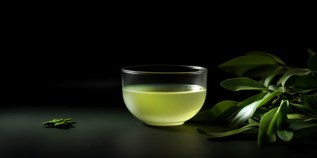Glass cup with traditional Japanese green colored matcha tea served on table. Black background woth copy spaceの素材