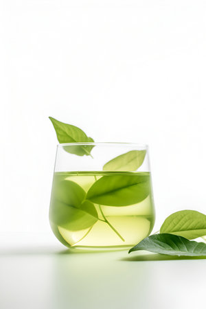 Freshly brewed green leaf tea in glass cup on the table. White background with space for textの素材