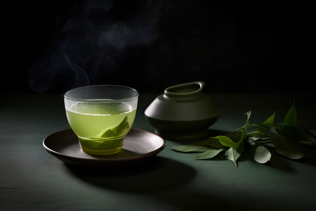 Glass cup with traditional Japanese green colored matcha tea served on table. Black background woth copy spaceの素材