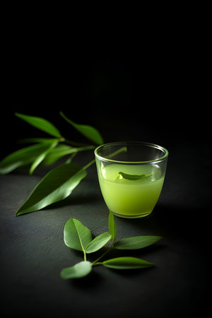 Glass cup with traditional Japanese green colored matcha tea served on table. Black background woth copy spaceの素材
