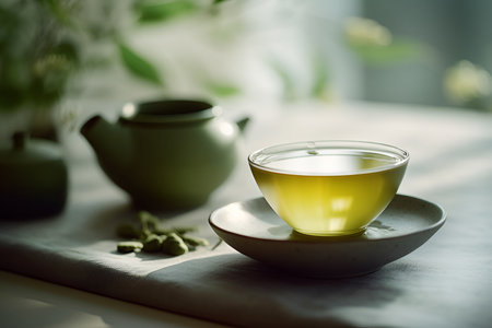 Freshly brewed green leaf tea in glass cup on the table.の素材