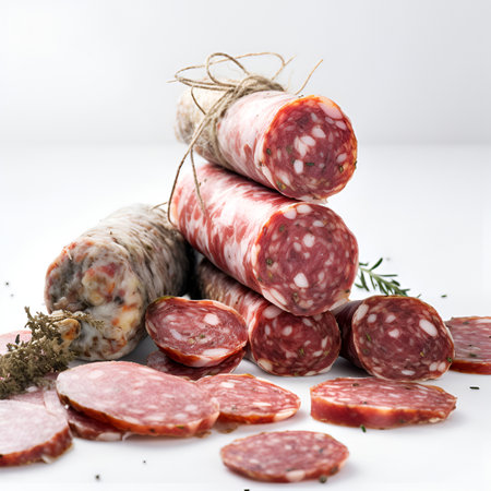 Assorted smoked sausages on white backgroundの素材