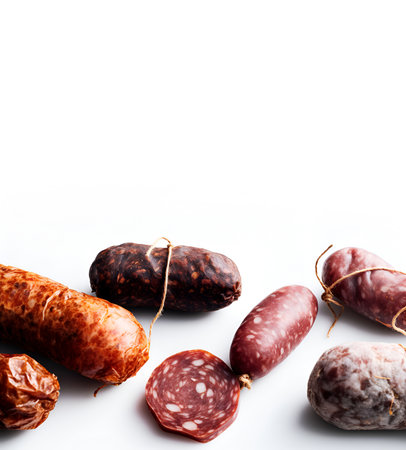 Assorted smoked sausages on white background with copy space.の素材