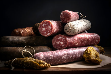 Assorted smoked sausages on dark background with copy space.の素材