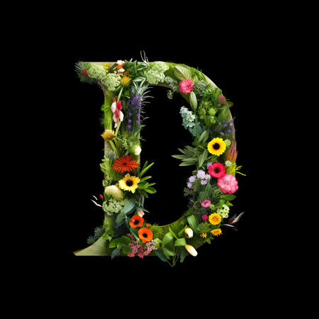 Letter D made of flowers and plants on black background. Flower font concept.の素材