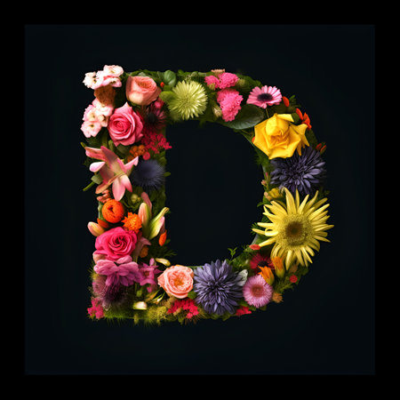 Letter D made of flowers and plants on black background. Flower font concept.の素材