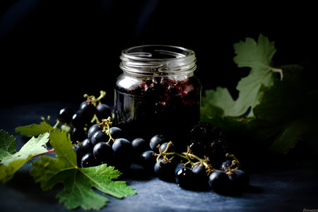 Homemade black grapes preserves or jam in a glass jar surrounded by fresh berries and leavesの素材