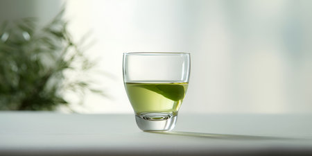Freshly brewed green leaf tea in glass cup on the table.の素材